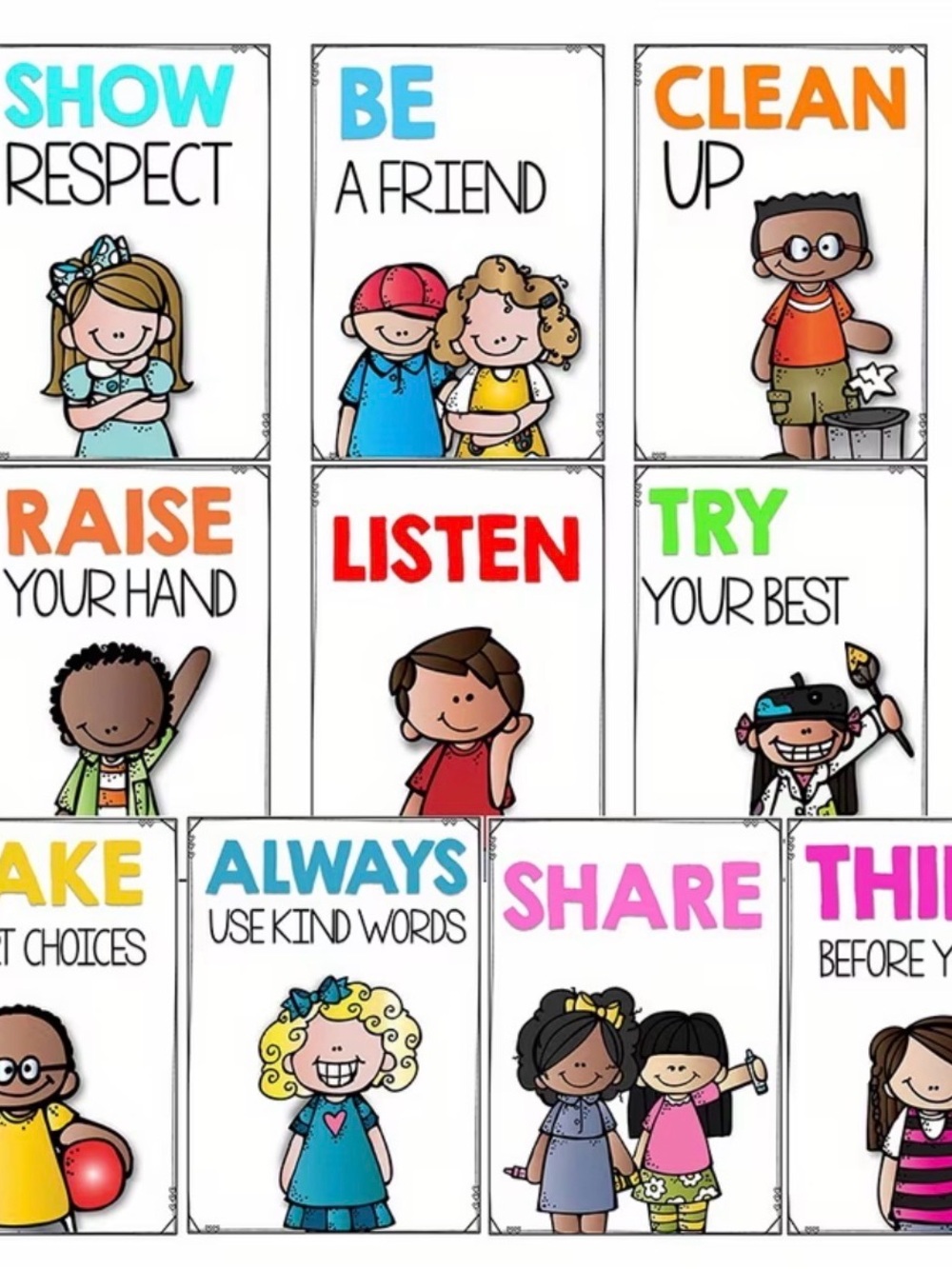 10 PC Classroom Rules Poster Set - Colorful Kids Behavior Charts